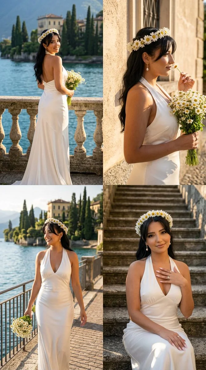 Italian lakeside bride poses in four romantic wedding collage panels