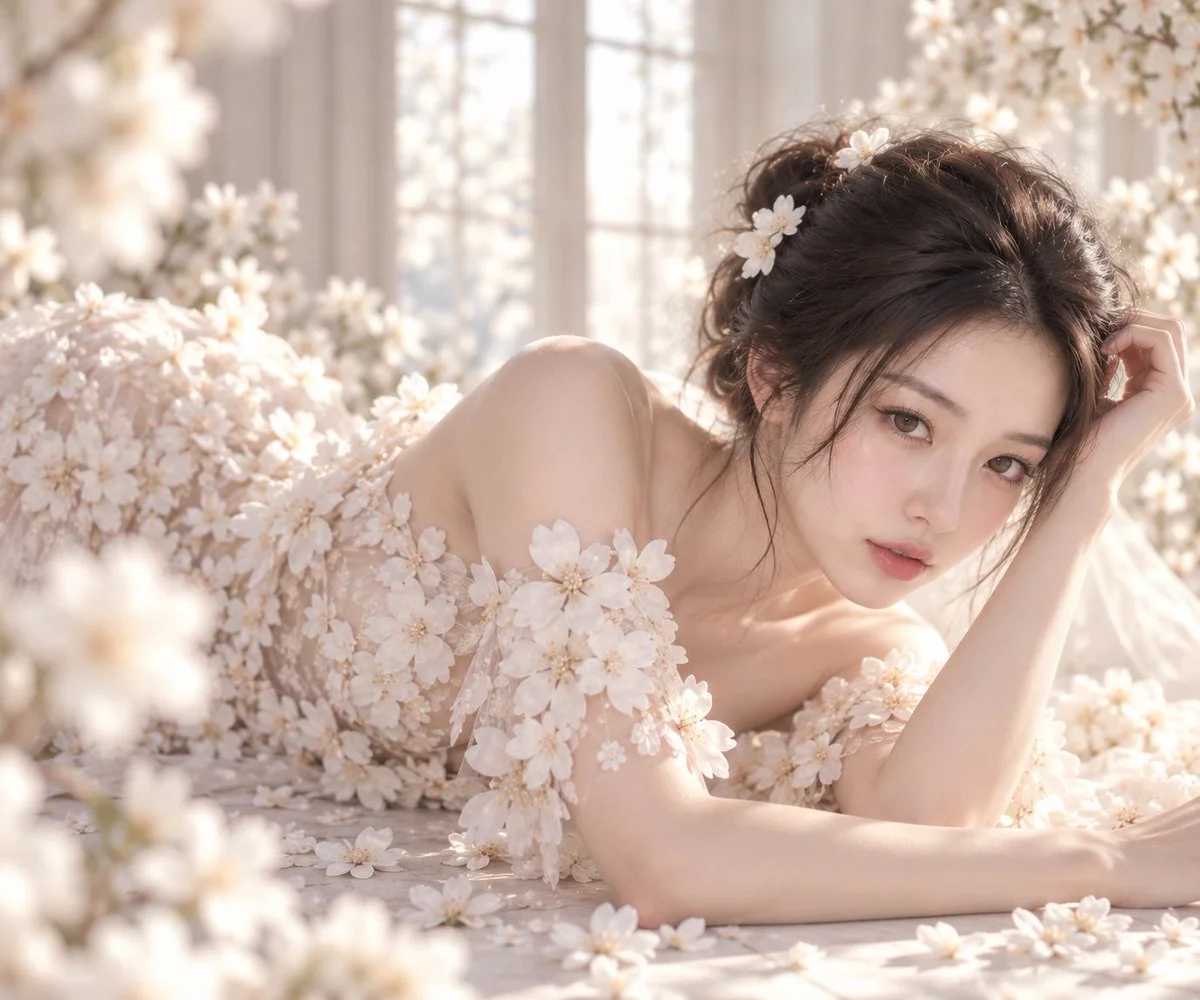 Ivory Couture Blooms in Soft Sunlight Through Transparent Tulle