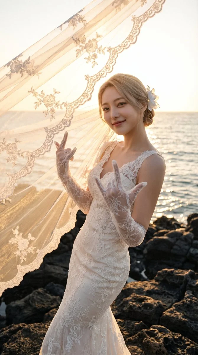 Ivory Lace Illuminated by Sunset at Seaside Portrait