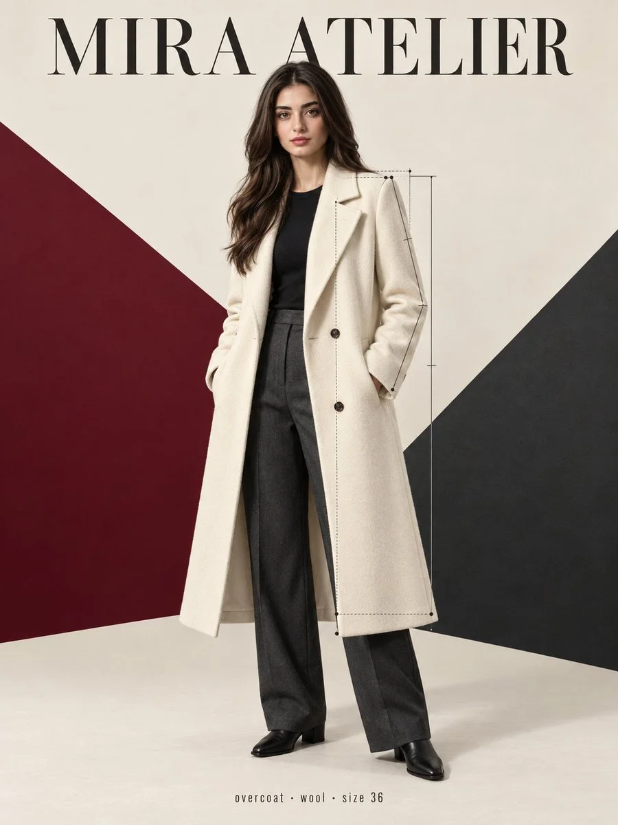 Ivory Wool Overcoat Girl Poses With Construction Lines in Studio