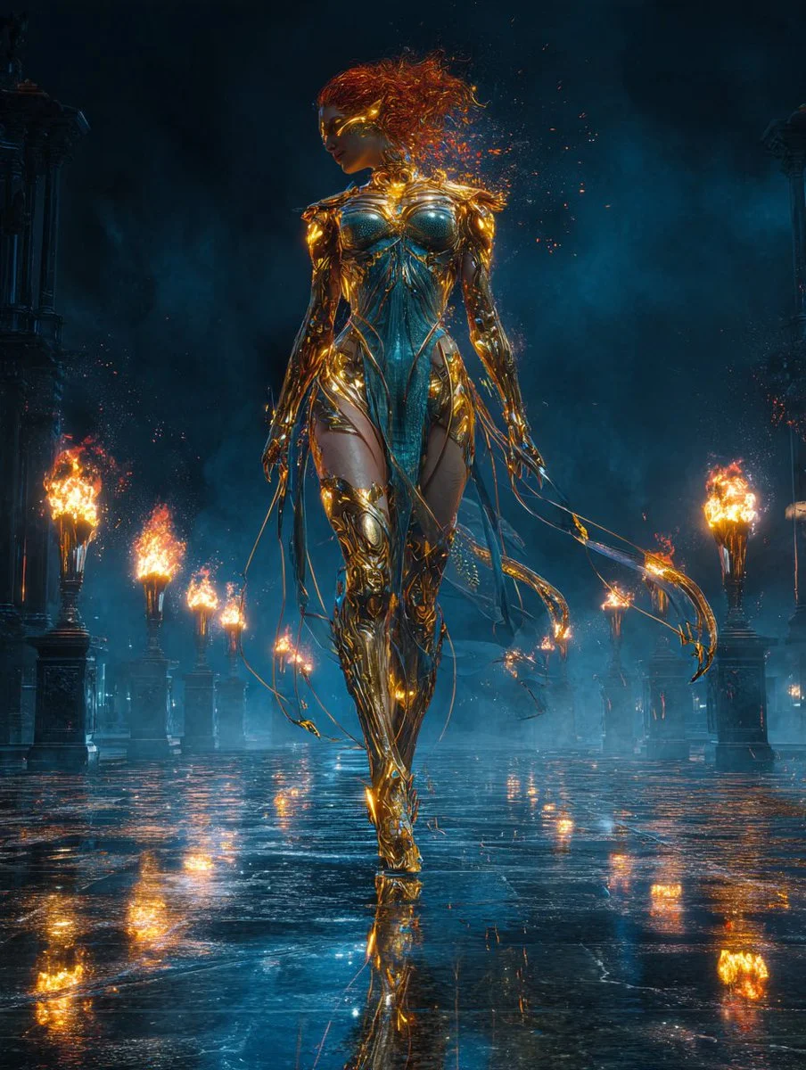 Jade Serpent Goddess Advances In Cobalt Night With Scarlet Torches