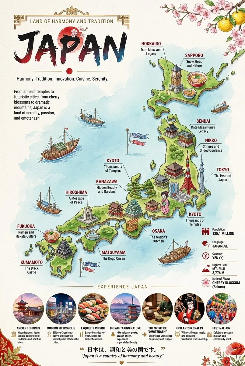 Japan and Russia illustrated travel maps show cultural landmarks and foods.
