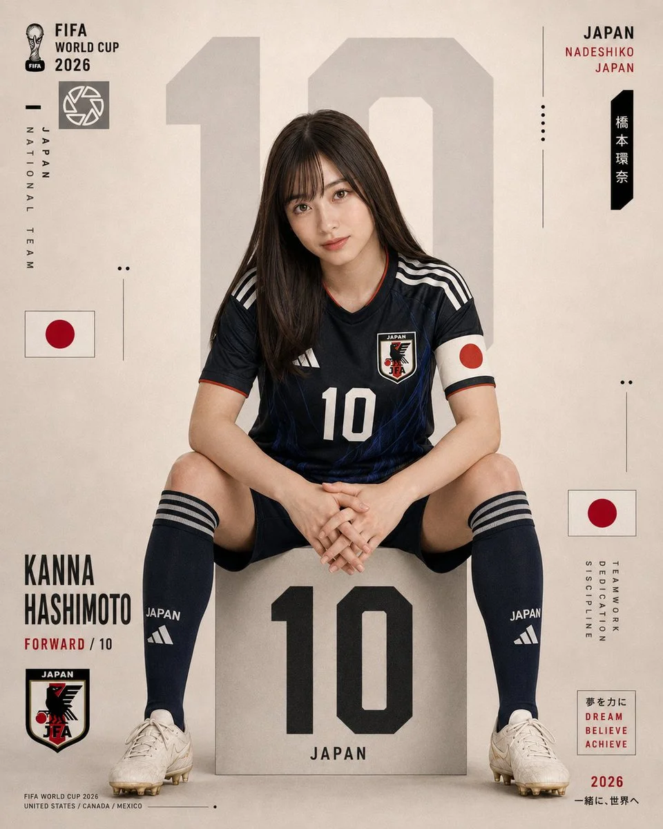Japan's star player sits confidently on a geometric pedestal