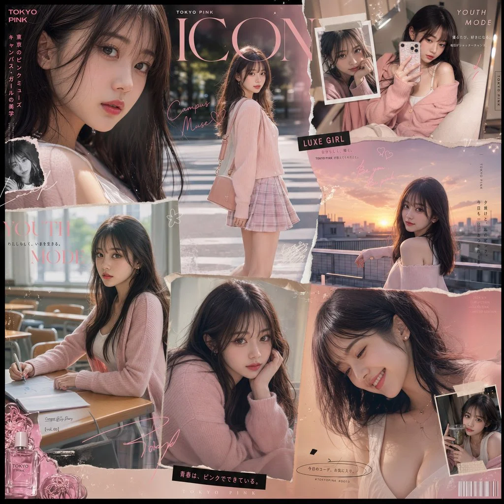 Japanese college girl shines in a luxurious Tokyo fashion collage