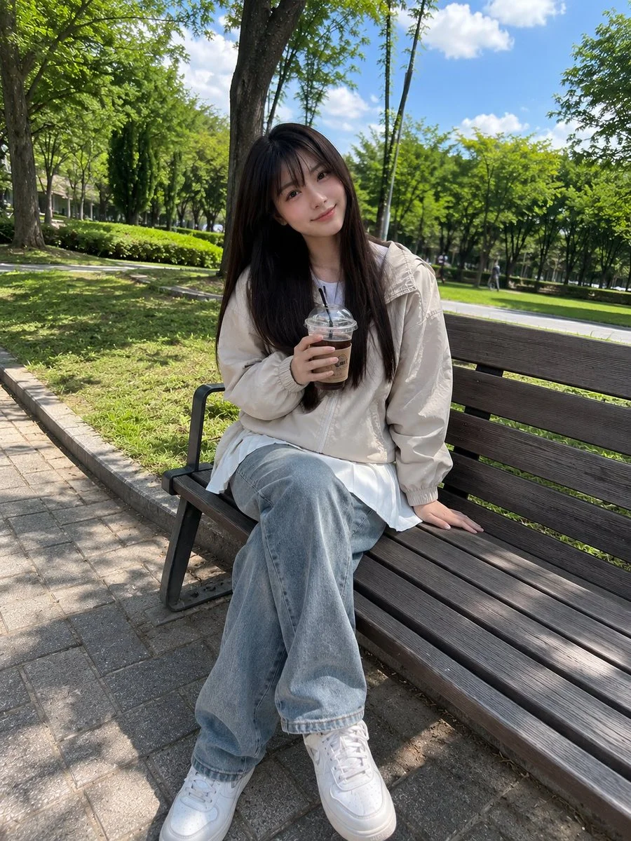 Japanese girl with dark hair smiles while holding iced coffee in park
