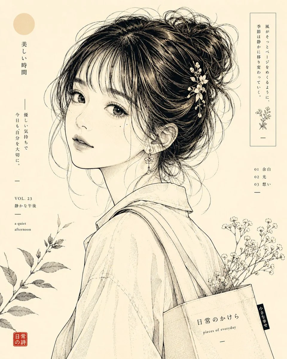 Japanese line-art portrait with delicate hatching and ivory tones
