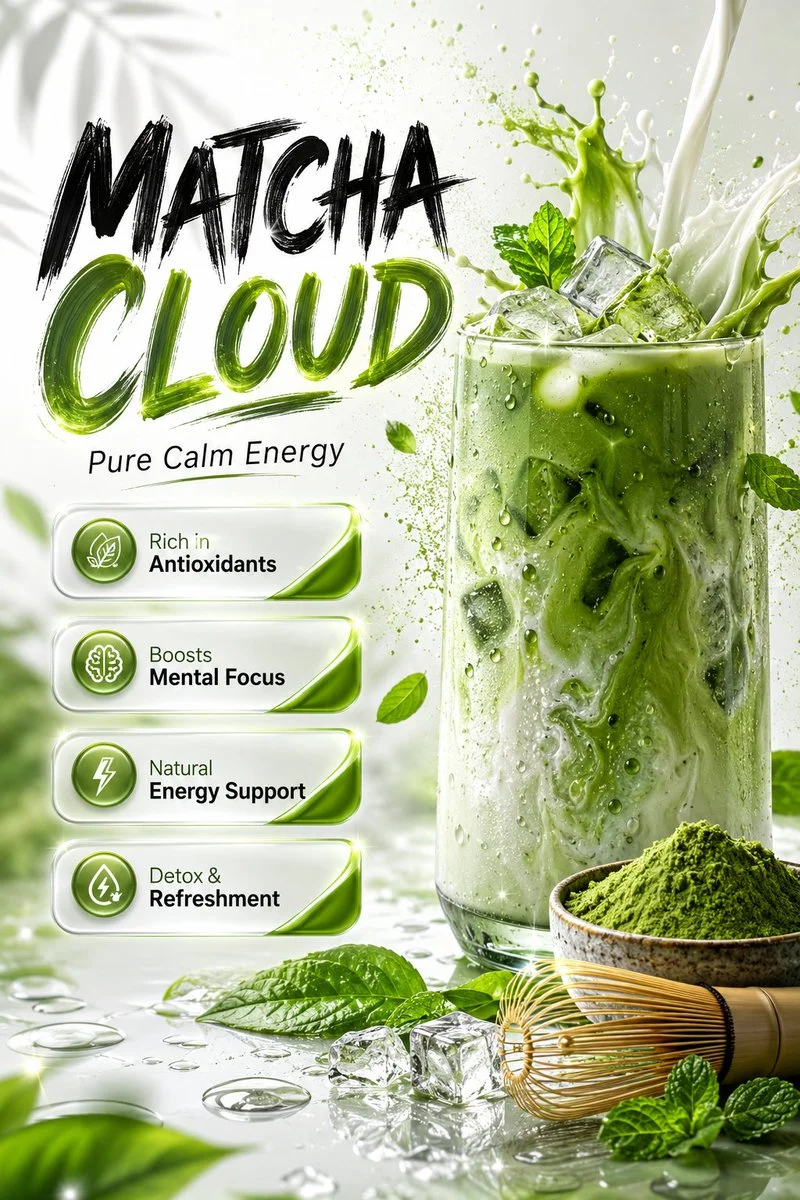 Japanese matcha latte glass with creamy swirl and luxury branding