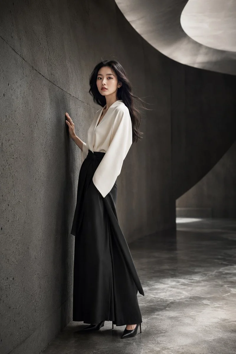Japanese model poses in curved concrete studio with soft light