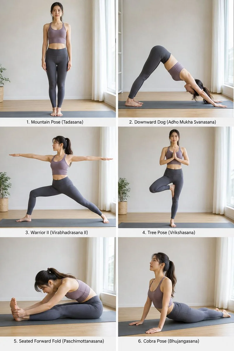 Japanese woman demonstrates six yoga poses in natural light