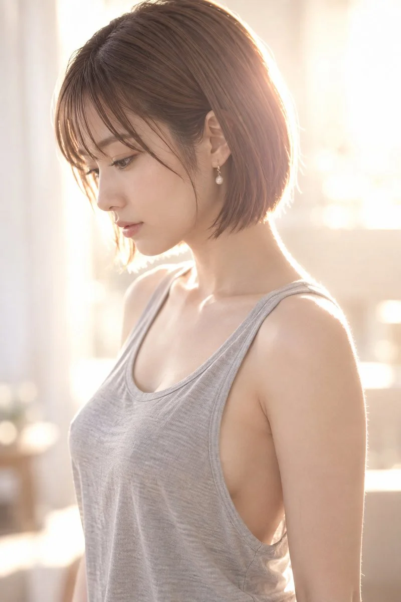 Japanese woman in gray knit tank top gazes down in soft backlight