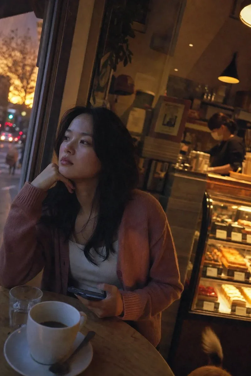 Japanese woman sits pensively in warm amber cafe light