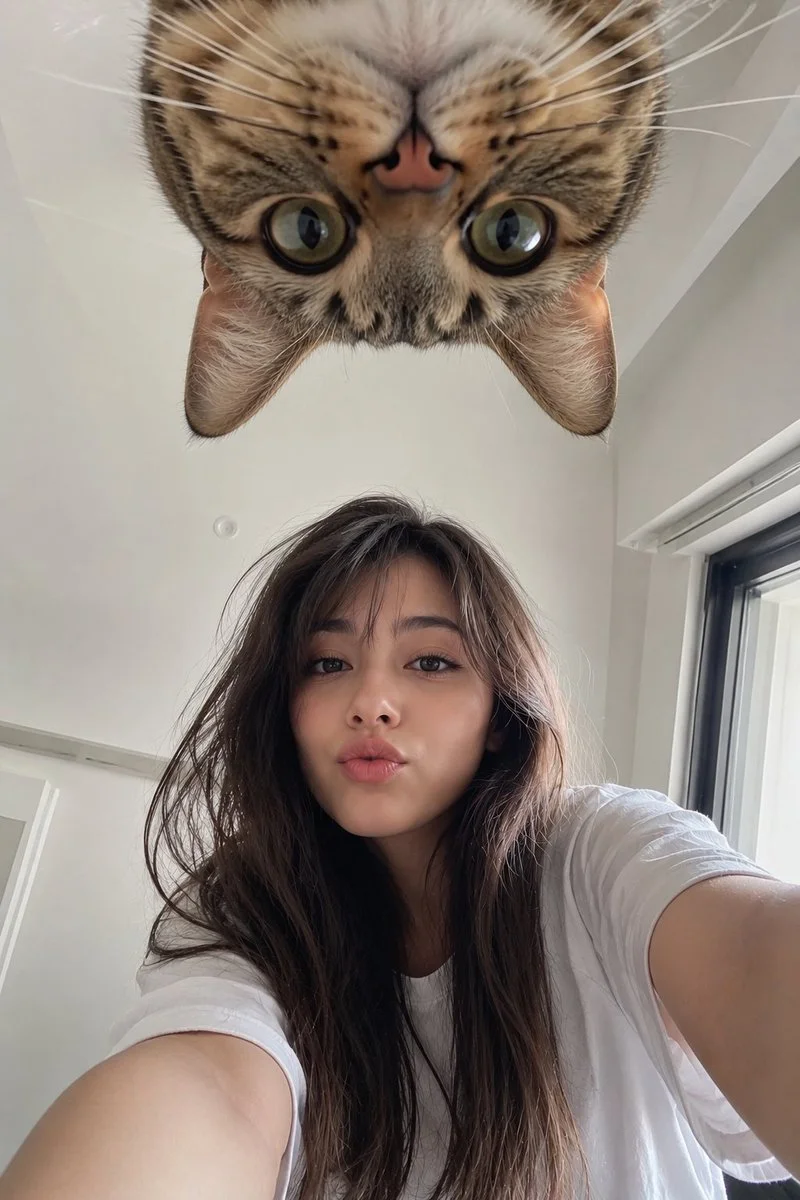 Japanese woman takes playful selfie with upside-down cat above
