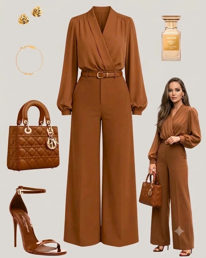 Jennifer Lawrence models a caramel terracotta luxury outfit on beige background.