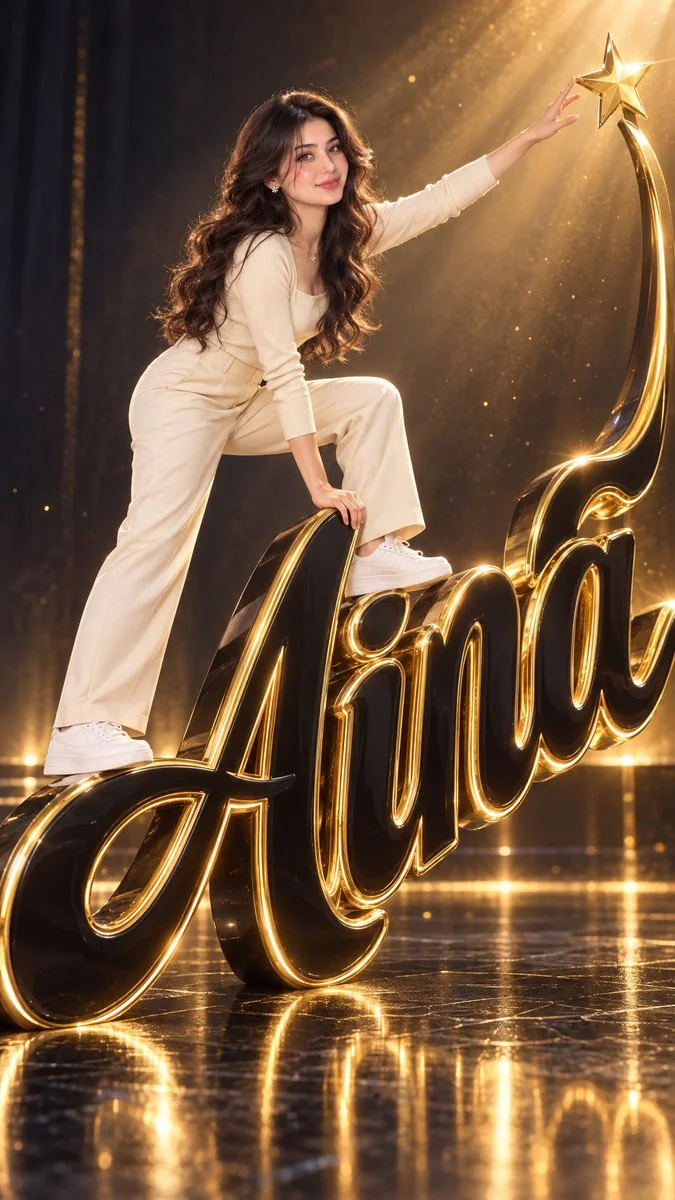 Joyful ascent up sculpted name letters glowing with gold