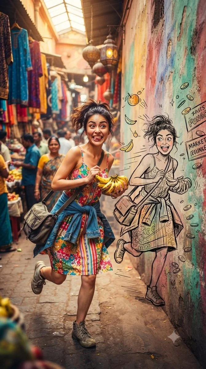 Joyful Asian woman runs through market with bananas in hand