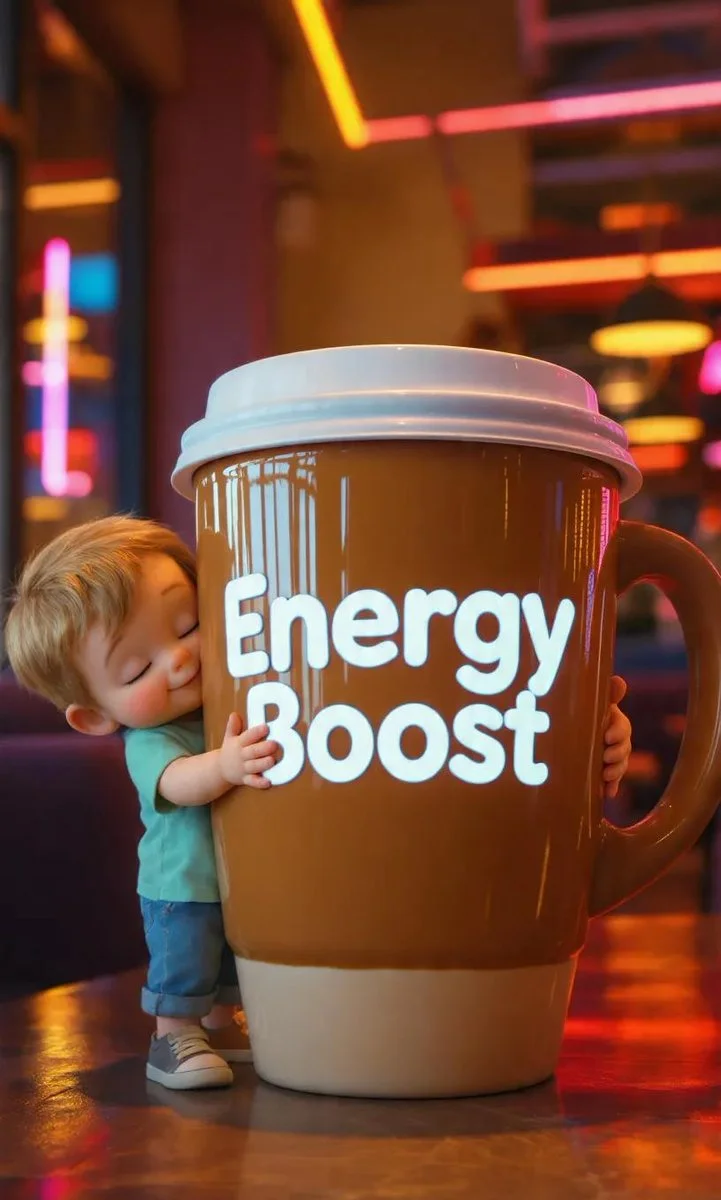 Joyful Baby Embracing Giant Energy Boost Coffee Cup in Neon Café