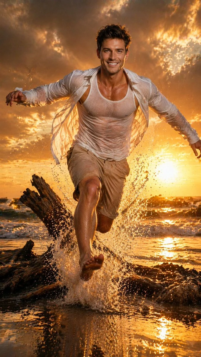 Joyful Flight on a Secluded Beach