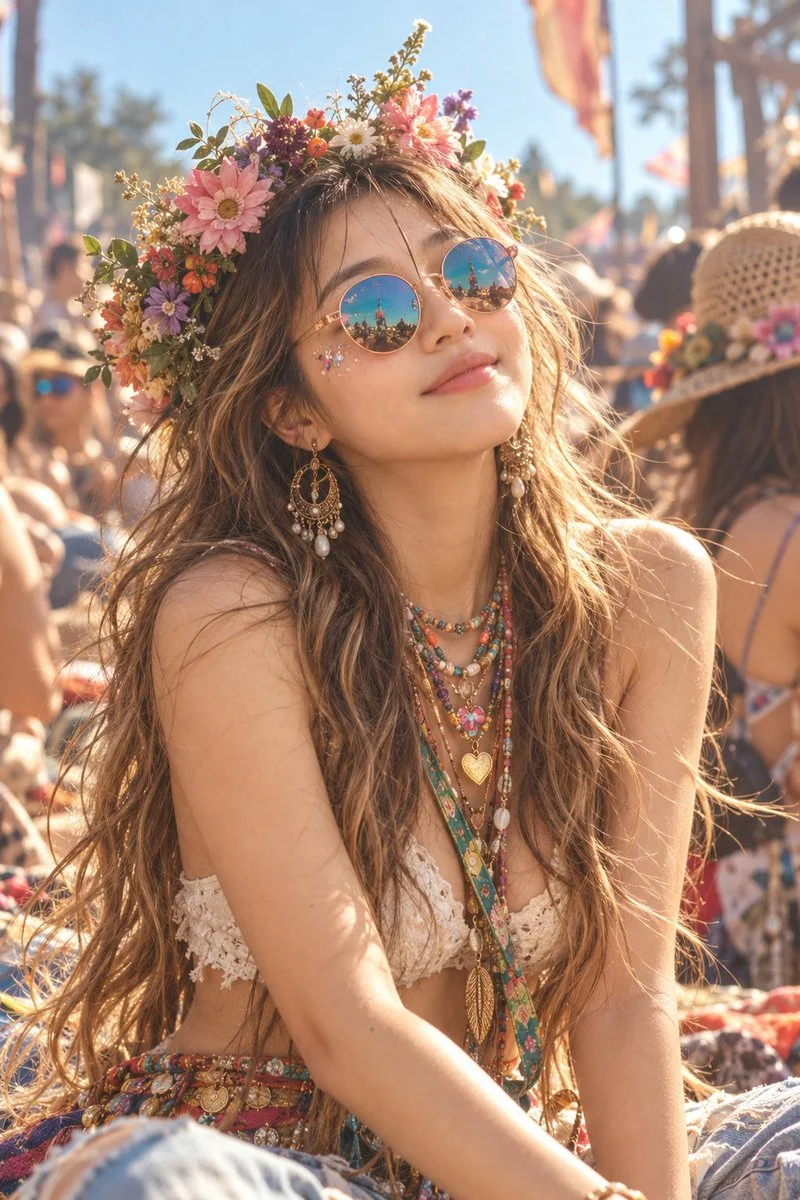 Joyful Girl in Flower Crown Smiles Under Hazy Festival Sun
