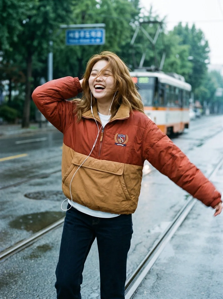 Joyful girl laughs mid-step on rainy street with vintage jacket