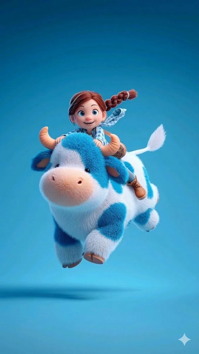 Joyful Girl Riding Plush Blue-Spotted Cow in 3D Animation