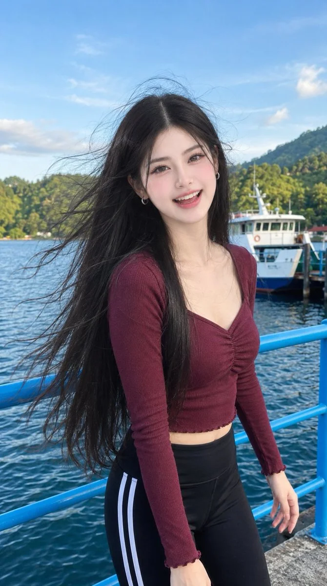 Joyful Korean girl laughs beside blue railing at sunny waterfront