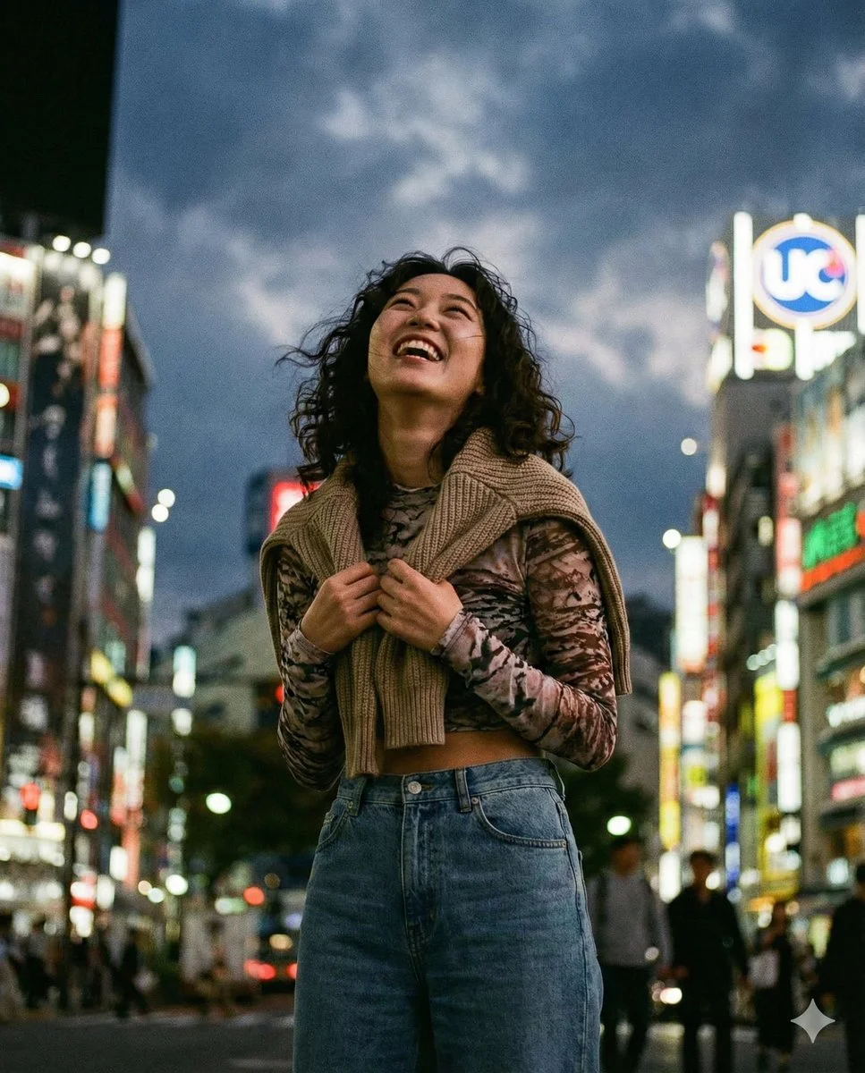 Joyful Laughter Under Neon Lights