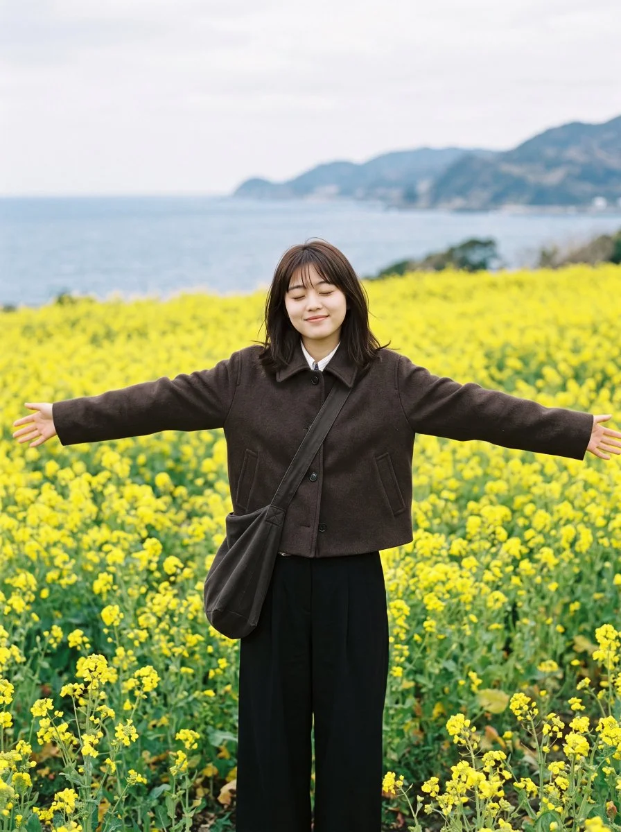 Joyful woman embraces blooming canola field by tranquil sea