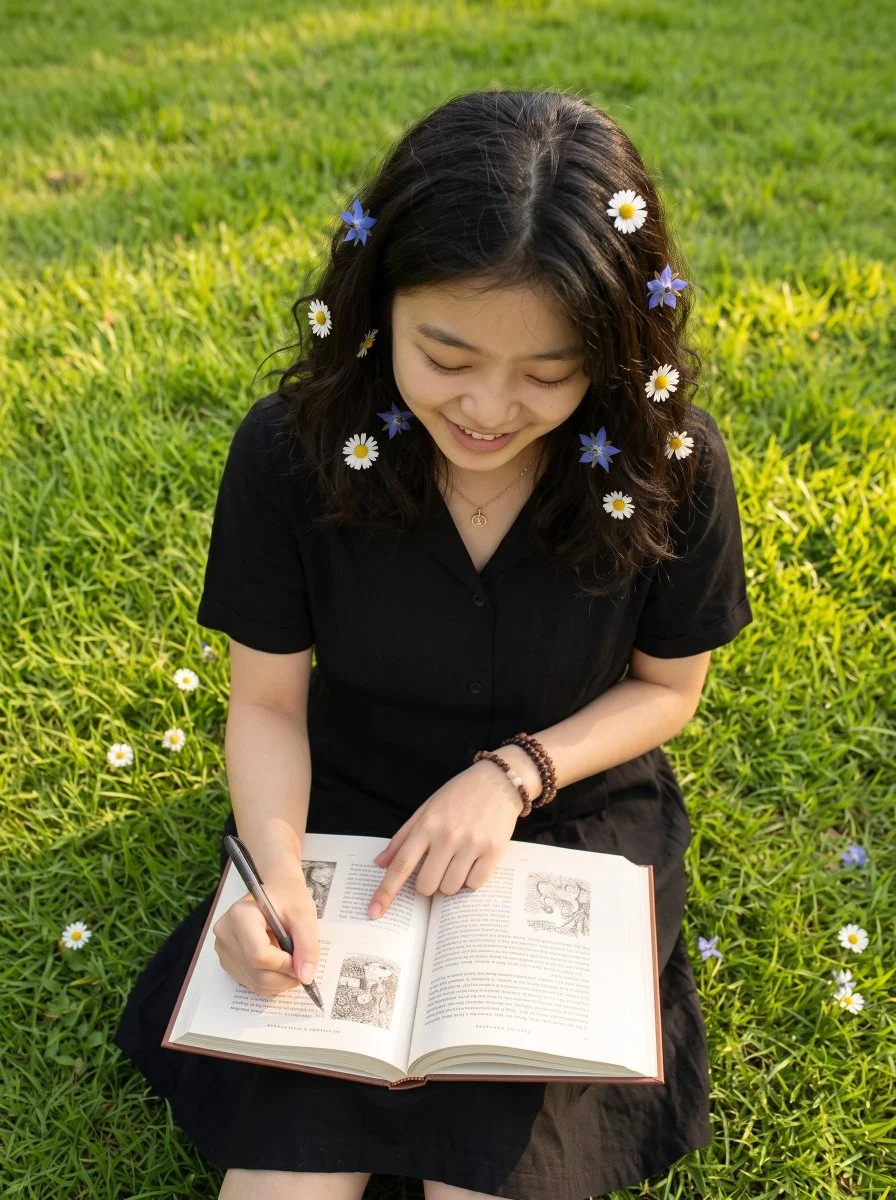Joyful Woman Laughs on Grass with Flowers and Open Book