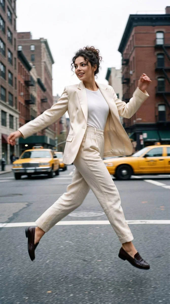 Joyful woman leaps across New York street in cream tailored suit