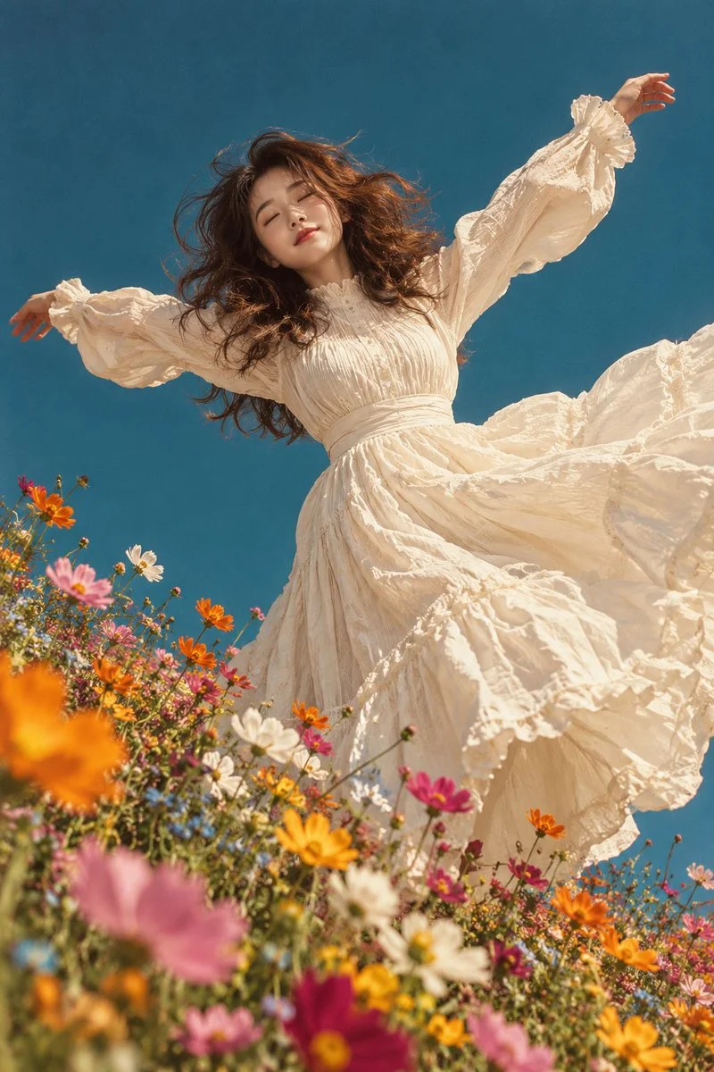 Joyful woman leaps through wildflowers under clear teal sky