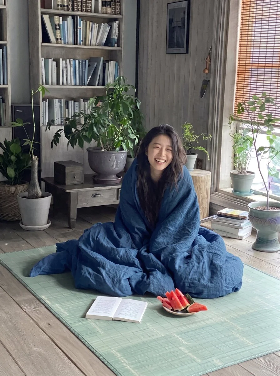 Joyful Woman Wrapped in Orange Duvet Laughs on Tatami Mat