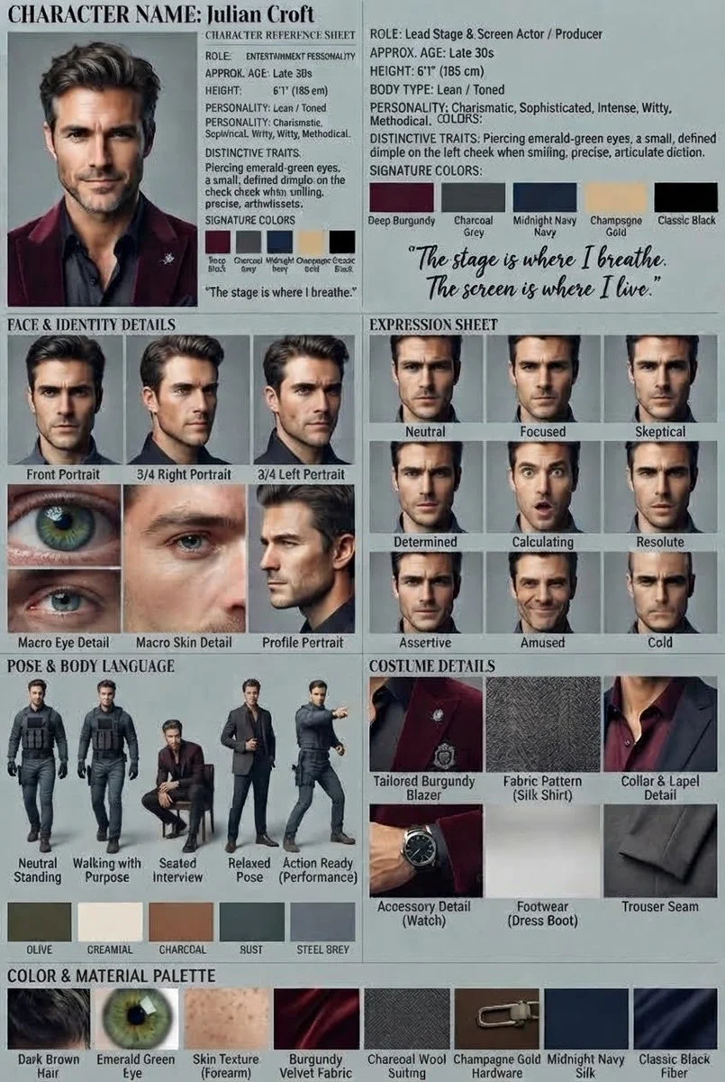 Julian Croft character sheet displays actor's expressions and tailored costumes