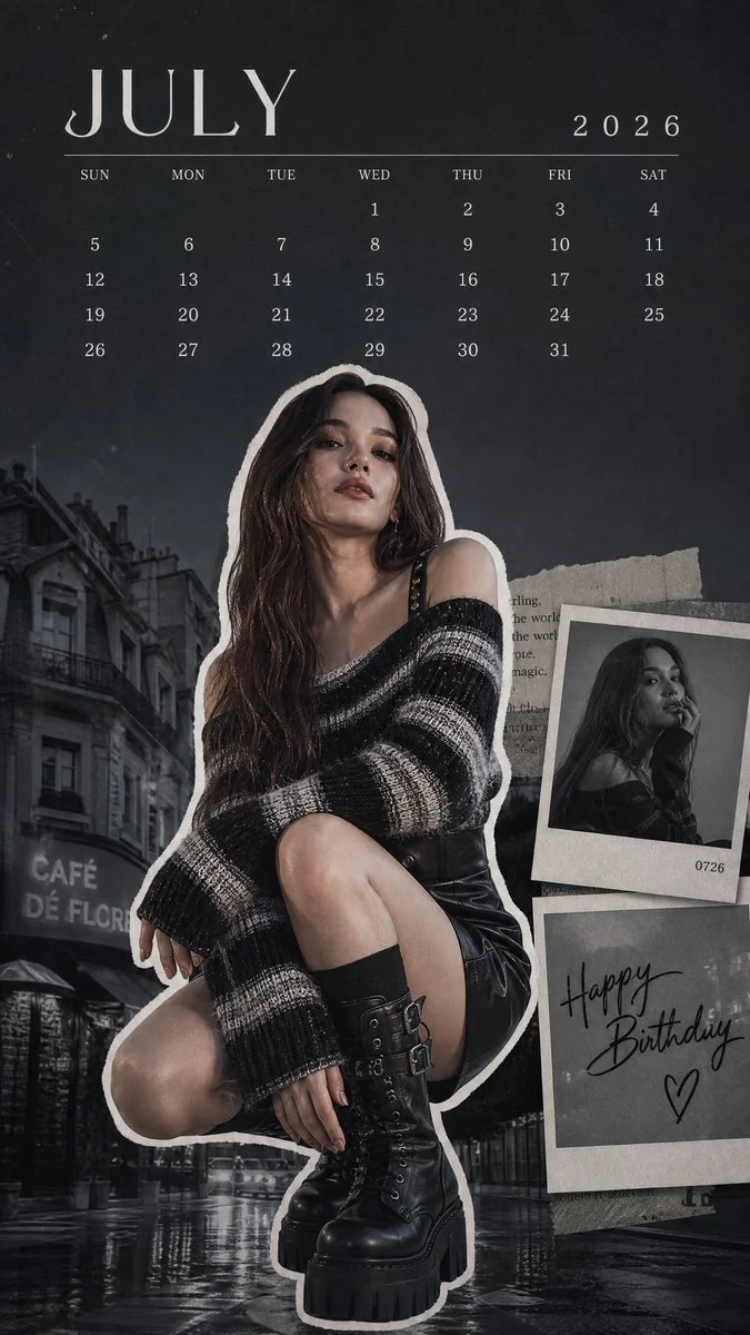 K-pop idol poses in cool-toned off-shoulder knitwear and boots