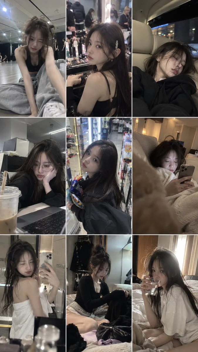 K-pop idol's candid daily life captured in messy nine-grid snapshots