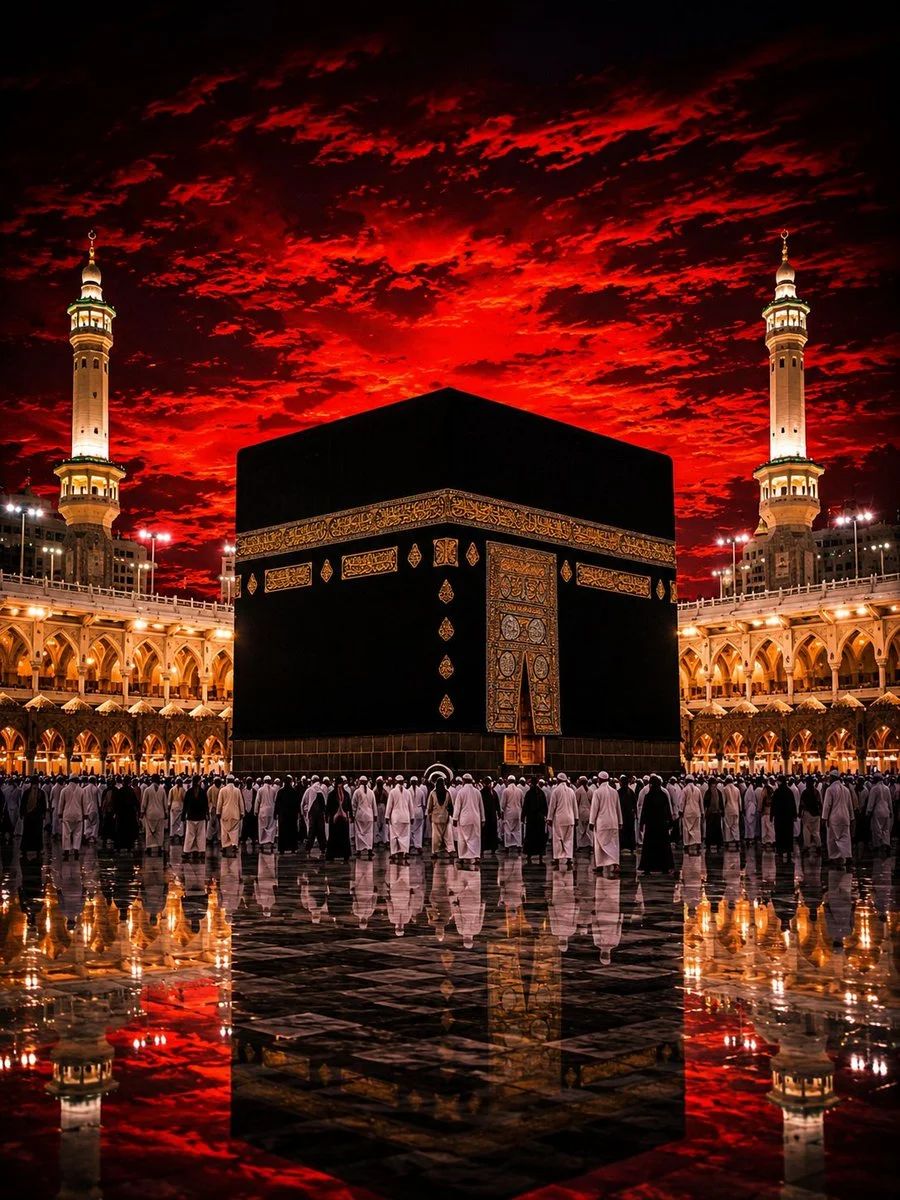 Kaaba glows with golden light as worshippers circle at twilight