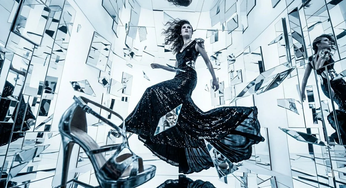 Kaleidoscopic Elegance: Sequined Gown in a Mirror Maze