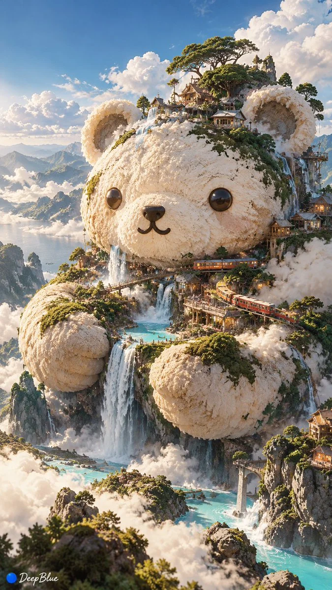 Kaomoji bear face morphs into a colossal plush mountain under pastel skies
