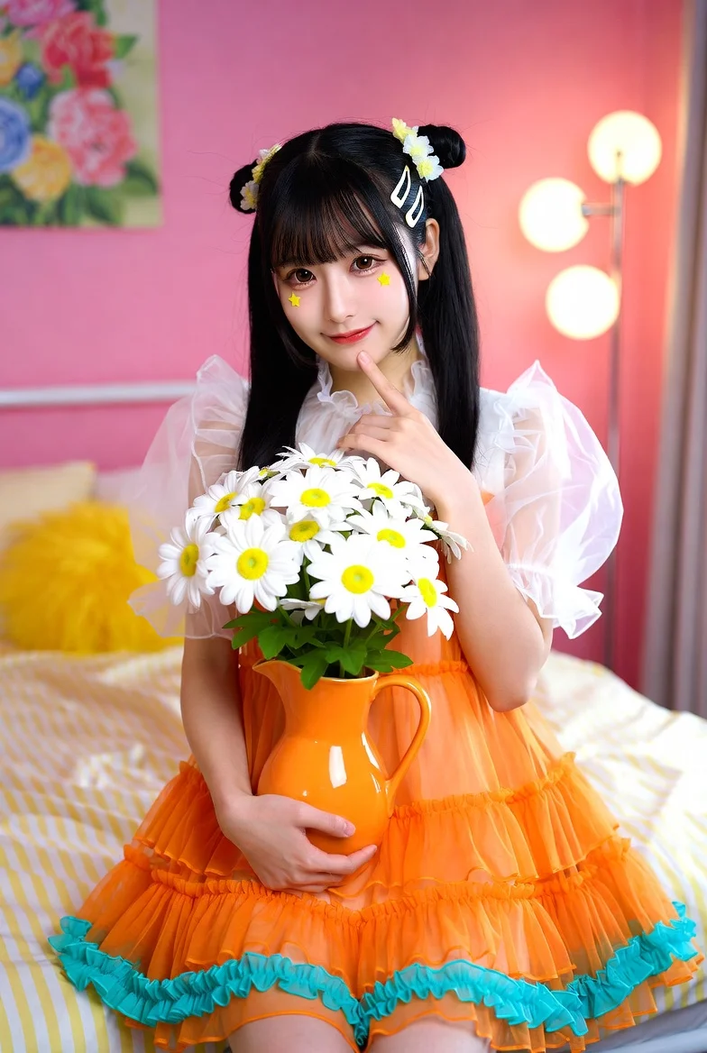 Kawaii fashion portrait with daisies and warm lamp light