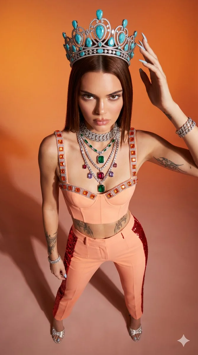 Kendall Jenner wears an orange bustier and diamond crown in studio