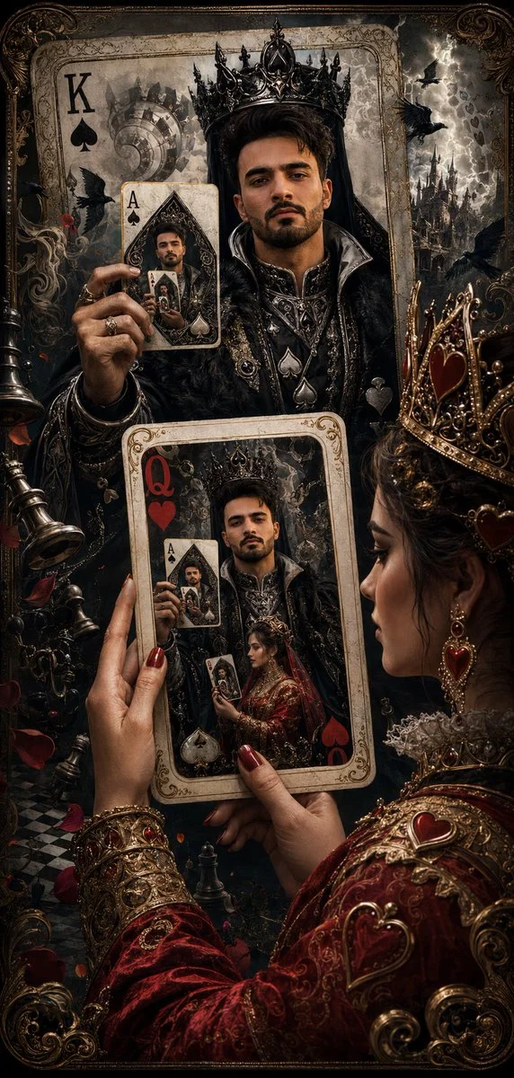 King of Spades holds infinite recursion card with Queen of Hearts