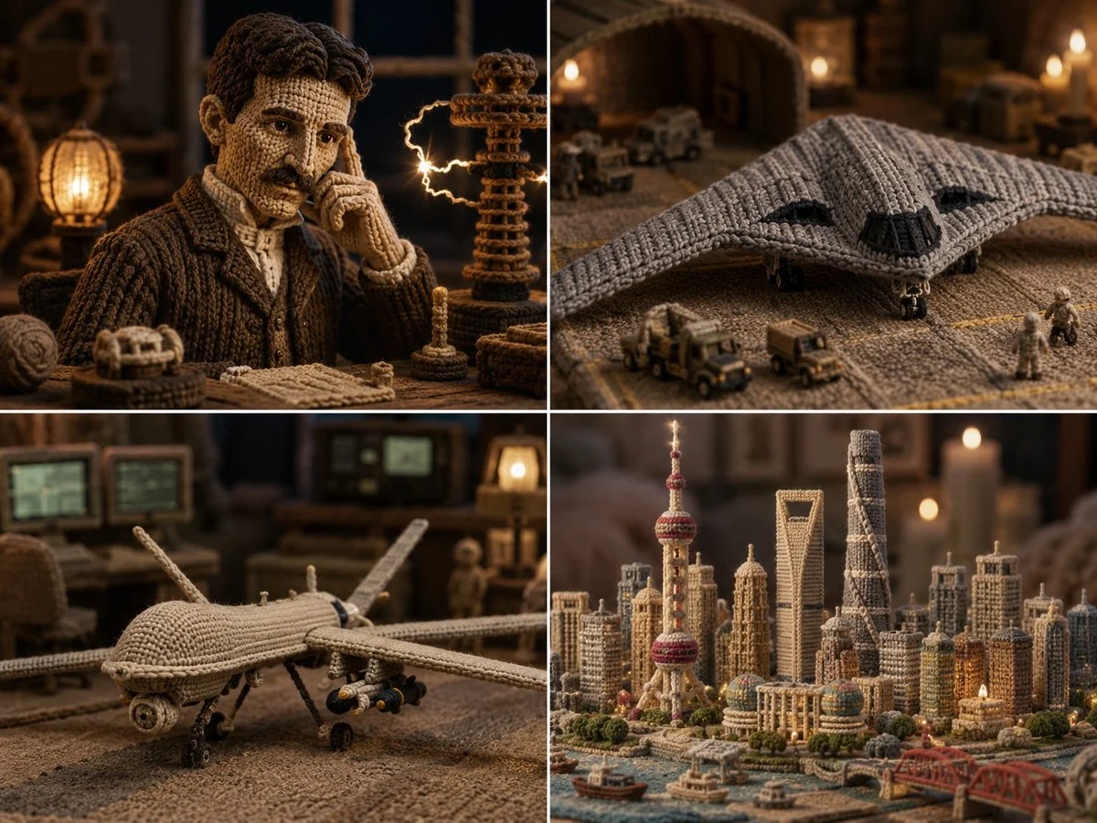 Knitted B2 bomber and Reaper drone hover over a woolen city
