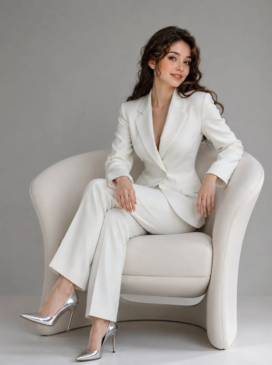 Korean beauty editorial woman poses gracefully on white chair