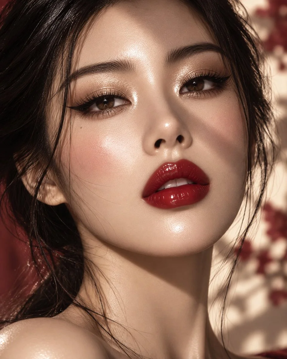 Korean Beauty Portrait Shows Flawless Glass Skin and Crimson Lips