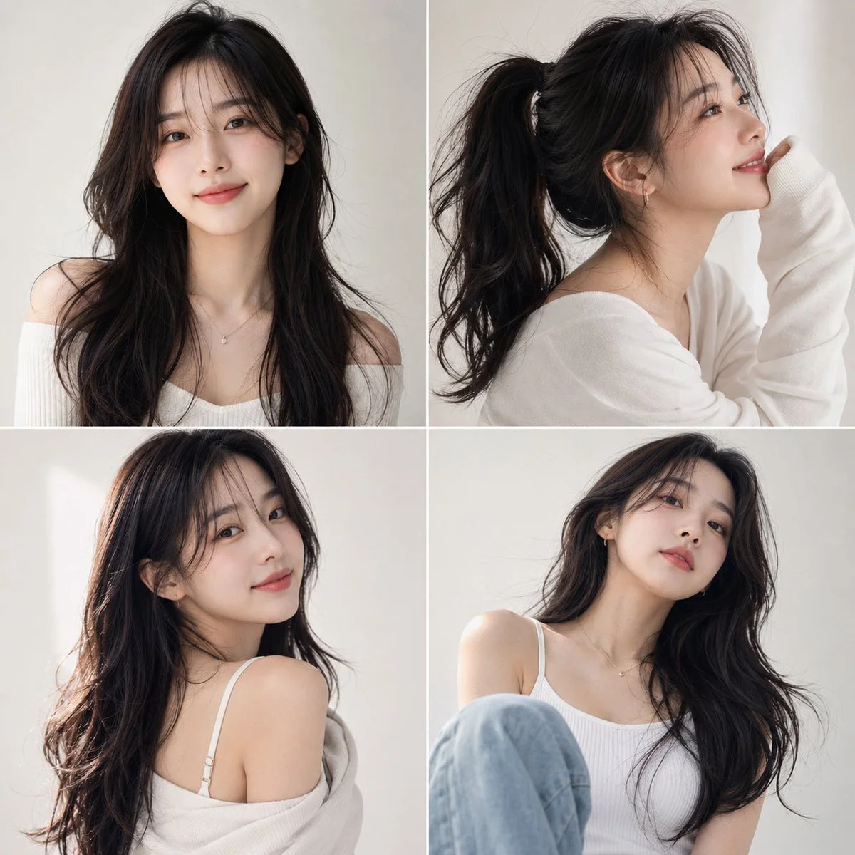 Korean beauty portrait with soft daylight and minimal cream background
