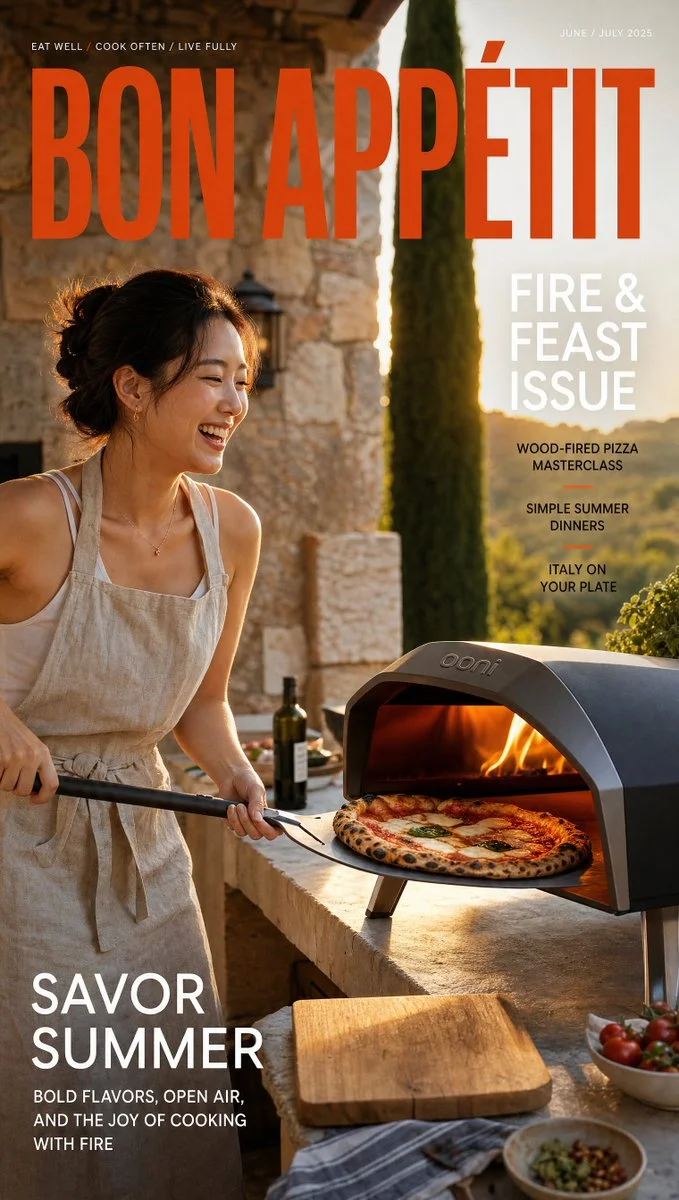 Korean chef slides a blistered pizza into a glowing Ooni oven
