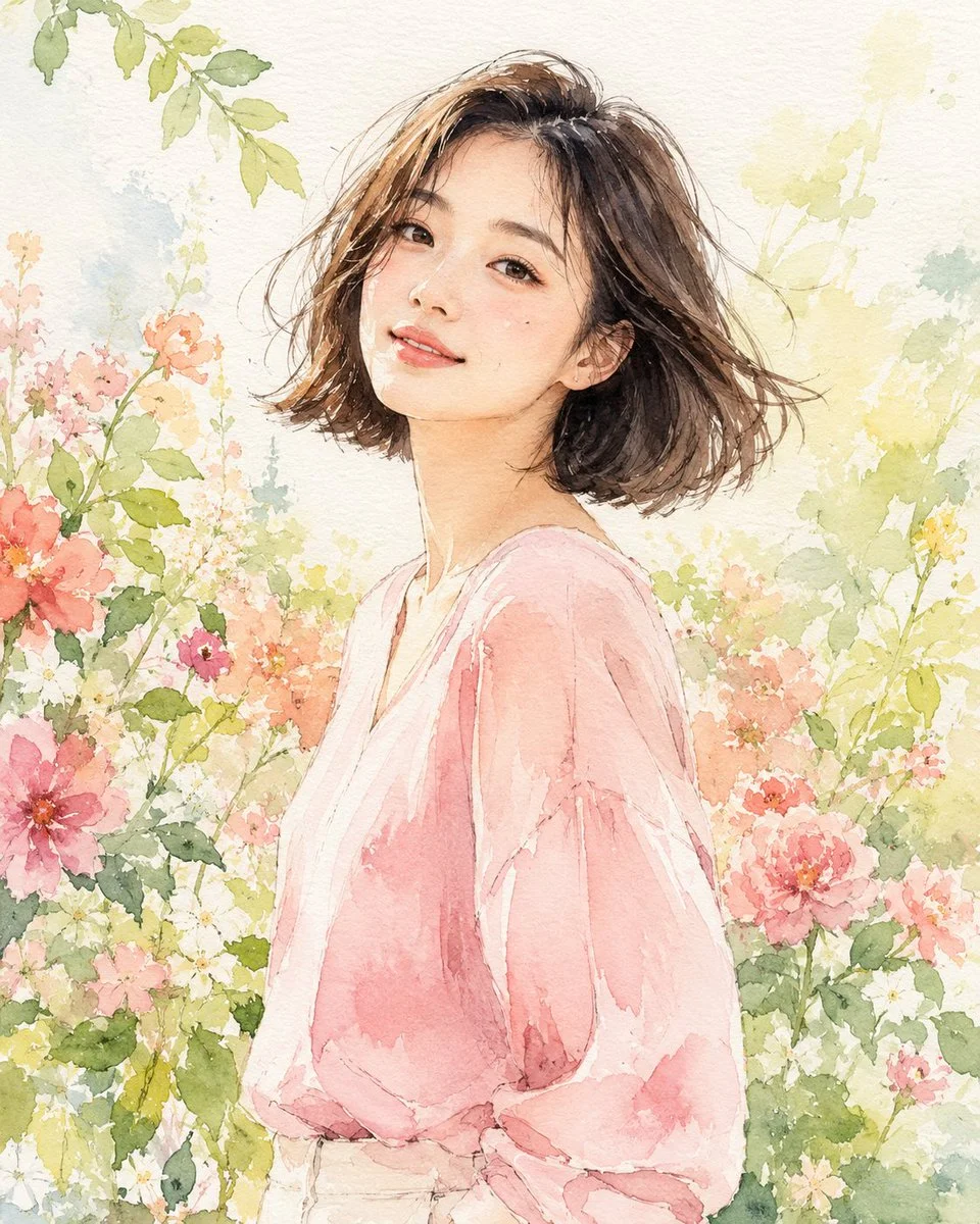 Korean couple stands in a sunlit garden with pastel blossoms.