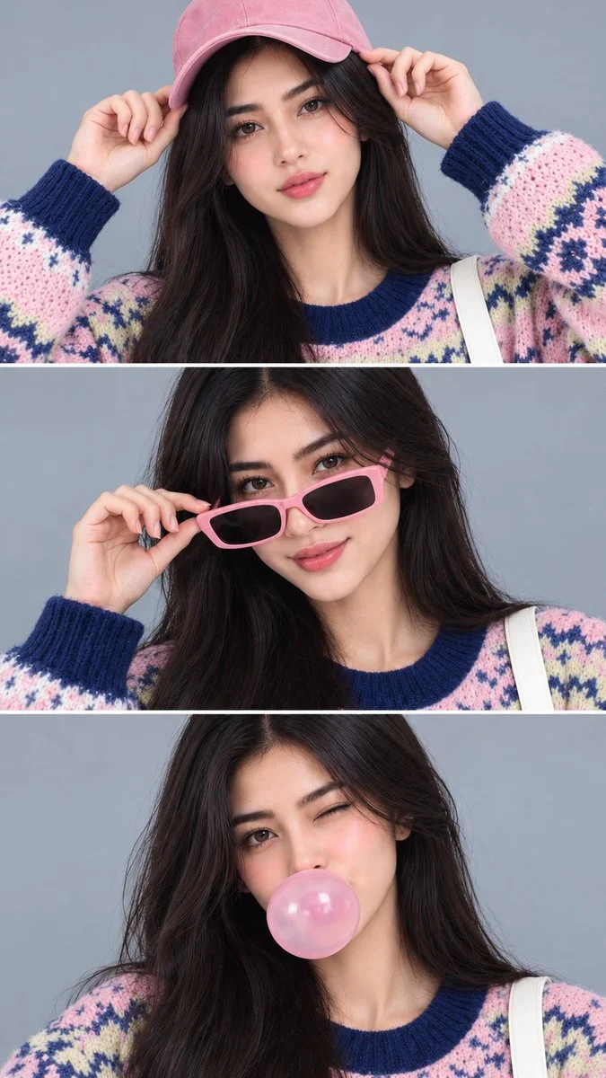 Korean girl in three-panel 3D portrait with playful expressions