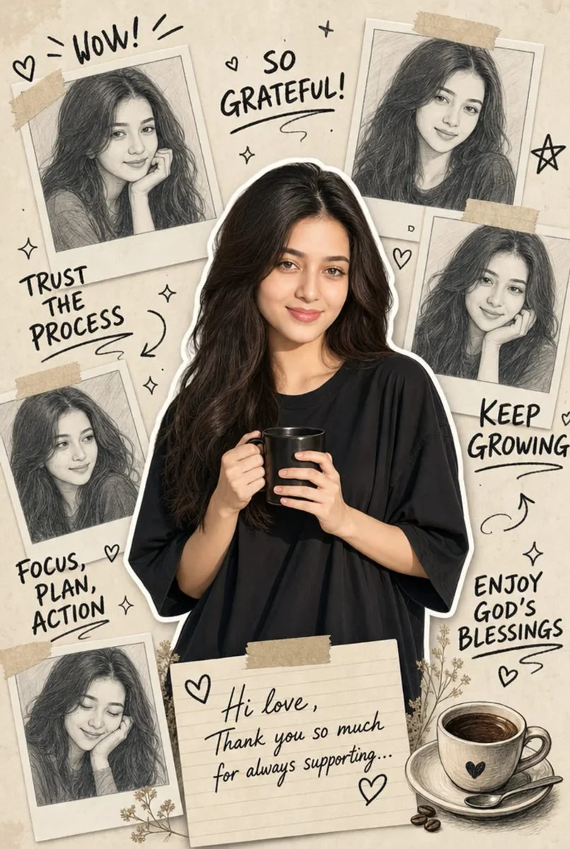 Korean girl with coffee mug surrounded by doodle art and polaroids