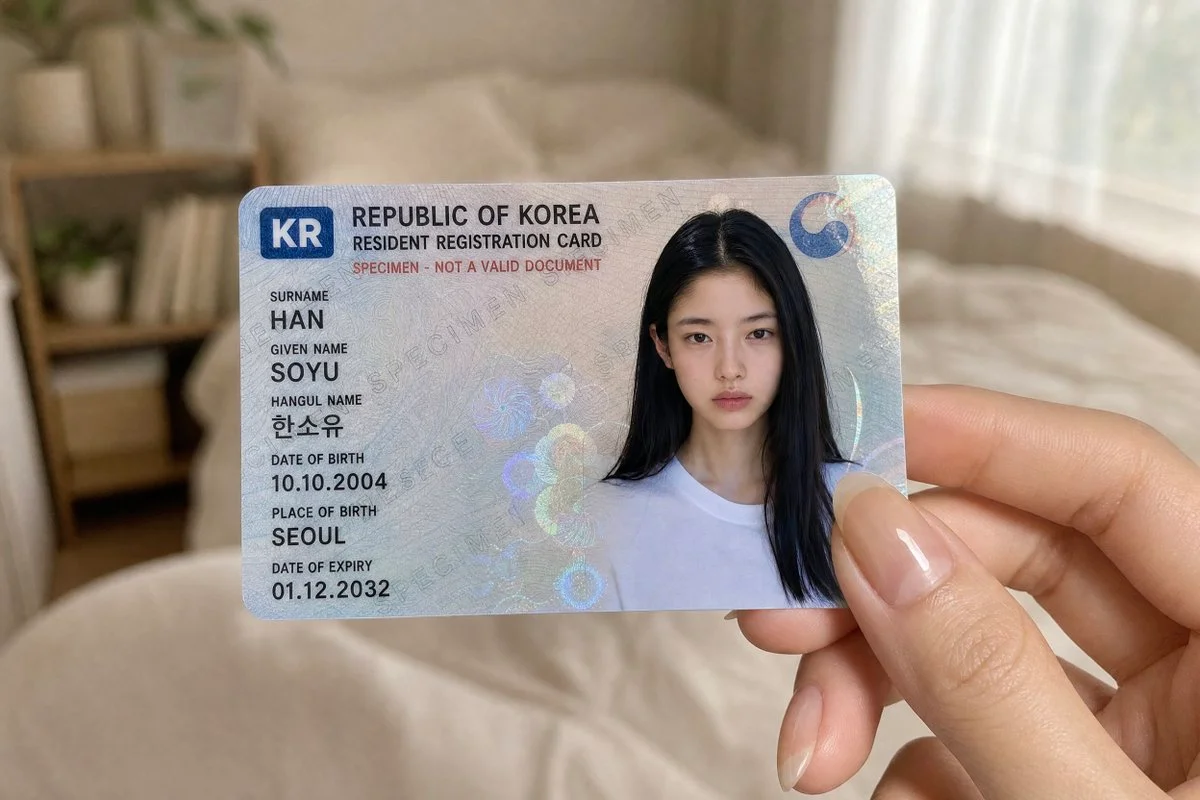 Korean ID card held by woman with glossy nails