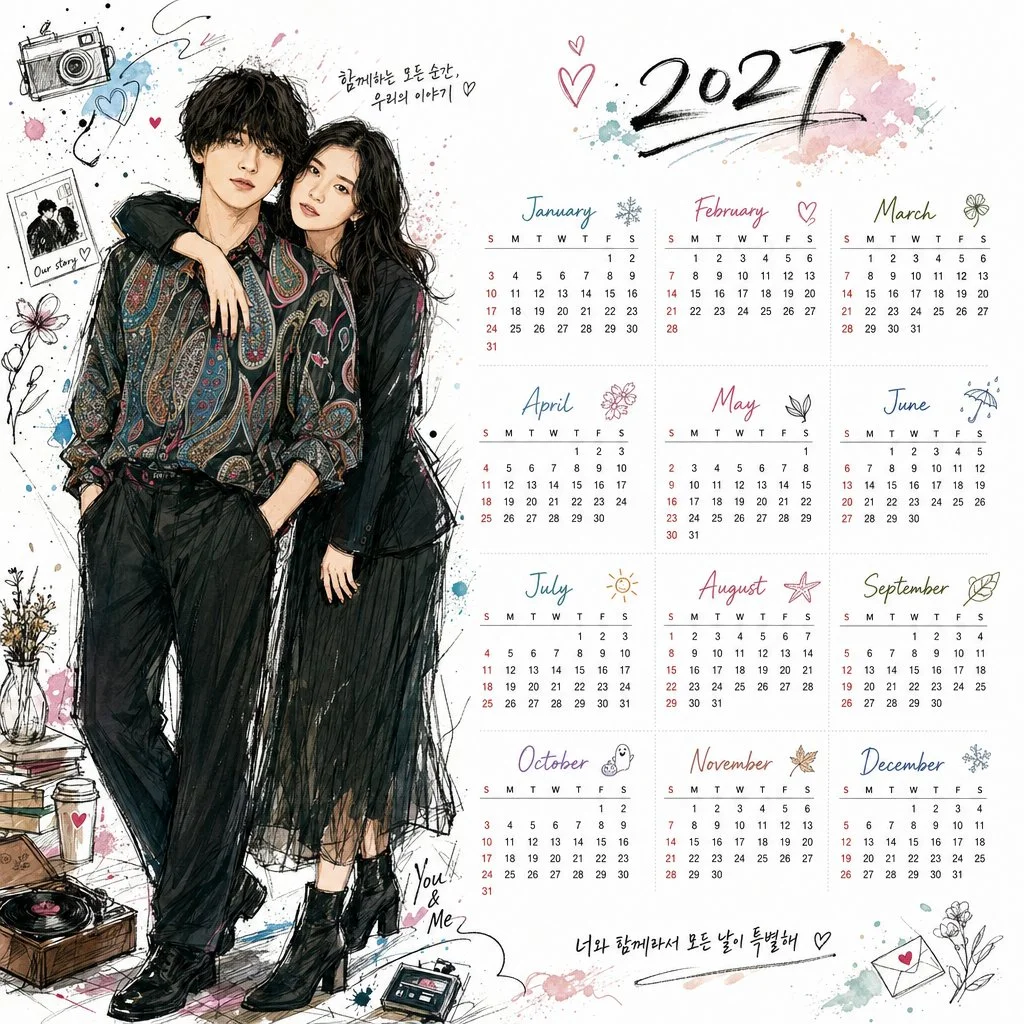 Korean illustration style desktop calendar for 2027 monthly layouts
